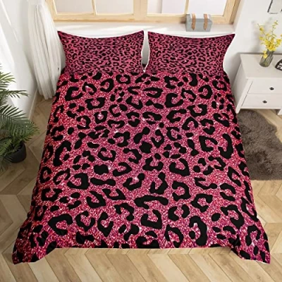 Image of Leopard Print Duvet Cover Set Pink Glitter Cheetah Bedding for Kids Boys Girls Wild Animal Decor Comforter Microfiber Geometric Bedspread Bedclothes Single