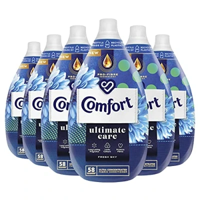 Image of Comfort Ultimate Care Fresh Sky Ultra Concentrated Fabric Conditioner bottle made of 100% recycled plastic* for complete clothes protection 6x 870 ml (348 washes)