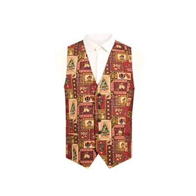 Image of Dobell Mens Red Vintage Christmas Print Festive Waistcoat Regular Fit 5 Button XL (46 48in)