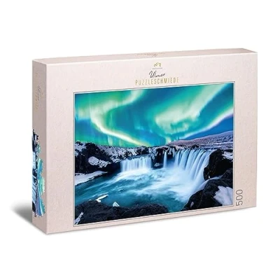 Image of Ulmer Puzzleschmiede the Elements of North Puzzle Impressive 500 Piece Nature Northern Lights meet rough rocks and icy water at Godafoss Waterfall in Norway