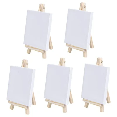 Image of 5Pack Mini Easel with Art Canvas, Canvas Boards Pre Stretched and Primed Blank Canvas,Table Top Wooden for Craft Oil Acrylic Painting &amp; Drawing Artist (L10 x W10cm (3.93 3.93 inches)