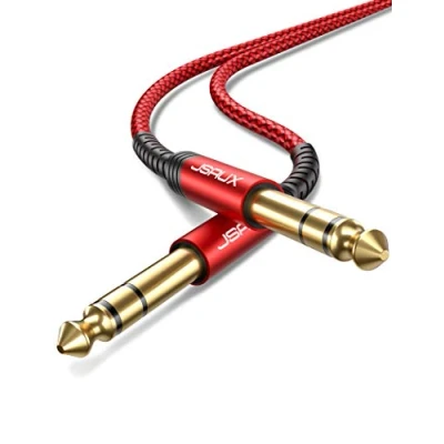 Image of JSAUX Professional Guitar Cable 3M (10ft), 1/4&quot; 6.35mm to TRS Stereo Audio Lead Nylon Braided Jack Instrument for Electric Guitar, Bass, Amp, Keyboard, Mondolin Red
