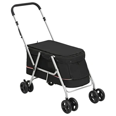 Image of vidaXL Folding Dog/Cat Stroller in Black Easy Movement, Breathable Mesh, and Comfortable Seating for Pets, Foldable Convenience, 300D Linen Fabric