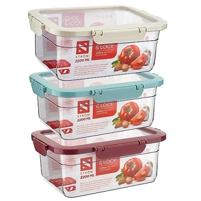 Image of Homeshopa Airtight Food Storage Containers with Lid, Plastic Leak Proof Kitchen &amp; Pantry Containers, Reusable Meal Prep Microwave Freezer Safe BPA Free Box (2.2 Litre Red,Blue,White)