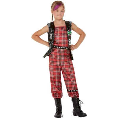 Image of Smiffys Punk Rocker Costume Top &amp; Trousers, Girls Fancy Dress, 1990s Dress Up Costumes