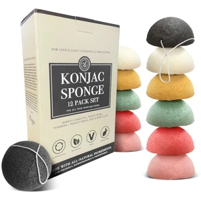 Image of Bare Essentials Living Konjac Sponges Set (12 Pack) with Activated Bamboo Charcoal Facial Sponge, Natural Great for Sponges, Bath Beauty and Exfoliating Body Sponge
