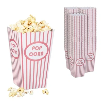 Image of Relaxdays Popcorn Bags, Set of 72, Striped, Retro Look, Cinema, Movie Night Accessory, Paper, Container, Pink/White