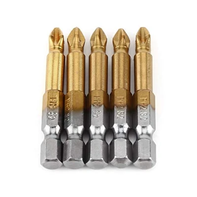 Image of Magnetic Cross Head Screwdriver Bit Set 5pcs PH2 S2 Alloy Steel Titanizing Bits 1/4 Inch Hex Shank 50mm/1.97&quot; Long Anti Skid