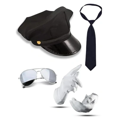 Image of Mega_Jumble Chauffeur Cap Limo Taxi Driver Theme Hat White Gloves Aviators Tie Kit Fancy dress
