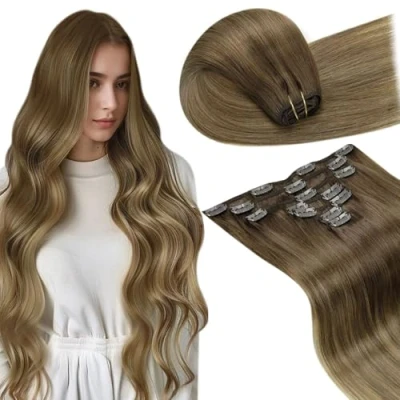 Image of LaaVoo Clip in Hair Extensions Real Human 20 Inch 7pcs 120g Brown Shadows to Light Seamless Remy #6/8/14