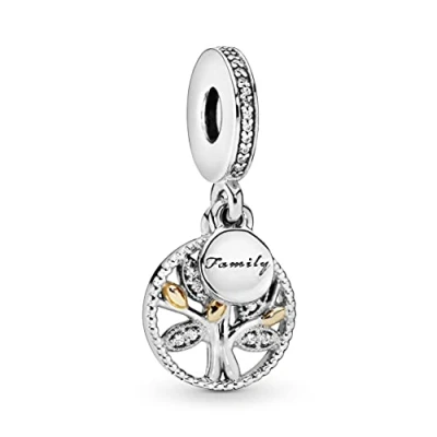 Image of Pandora Moments Women&#039;s Sterling Silver and 14k Gold Sparkling Family Tree Cubic Zirconia Dangle Charm for Bracelet, No Box