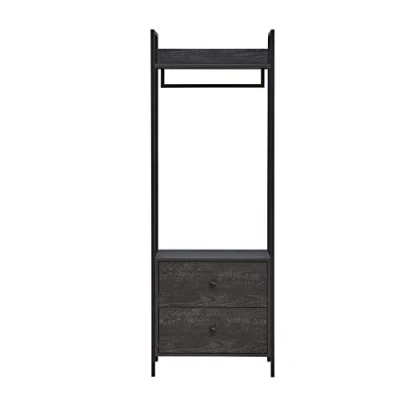 Image of Timber Art Design UK Zahra Bedroom Open Wardrobe with Hanging Rail and 2 Drawers Modern Furniture Cupboard Storage Organizer Unit For Bedroom, Living Room, Black, H180cm x W63.8cm D40cm