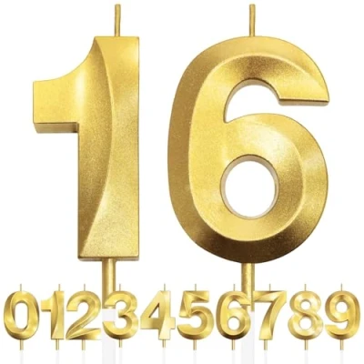 Image of 16th Birthday Candle, 3D Design Gold Glitter Number Candles, Cake Topper Decorations, Candle for Party, Wedding Anniversary, Baby Shower, Party Decoration