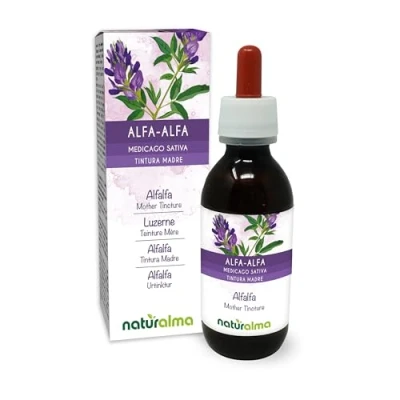 Image of Alfalfa or Lucerne (Medicago Sativa) herb with Flowers Alcohol Free Mother Tincture Naturalma Rich in Natural Chlorophyll Liquid Extract Drops 120 ml Food Supplement Vegan
