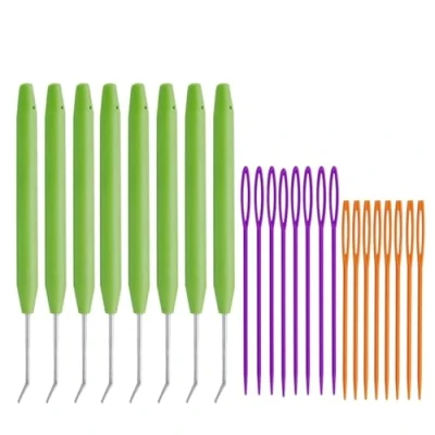Image of Loom Knit Hook Set Crochet Needle Kit 8 Pcs Green Knitting Hooks with 16Pcs Colorful Plastic Sewing Needles for Crafts