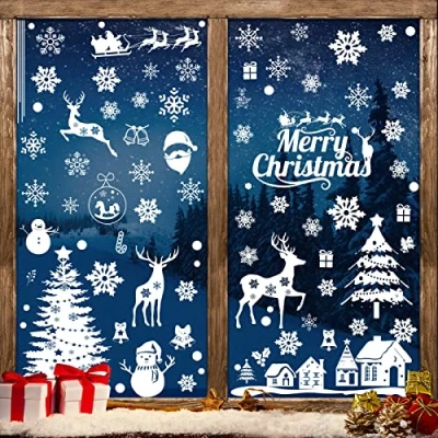 Image of Christmas Window Stickers, 165 Pcs Snowflake White Stickers Decorations Reusable Clings Decals for Xmas Display and (9 Sheets)