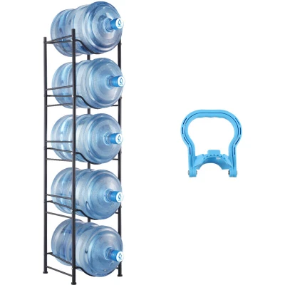 Image of VEVOR 5 Tiers Water Jug Holder, Gallon Bottle Single Row Rack for Bottles, Heavy Duty Kitchen, Office, Living Room, Black