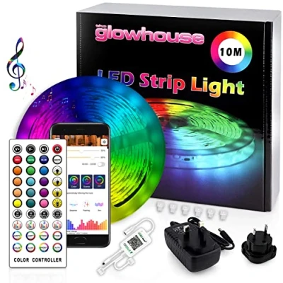 Image of Premium LED Strip Lights Bluetooth New 2023 Model Glowhouse UK 33ft RGB Colour Changing with Remote and App Control. Super Bright SMD 5050 Full Kit Music Sync Easy Installation