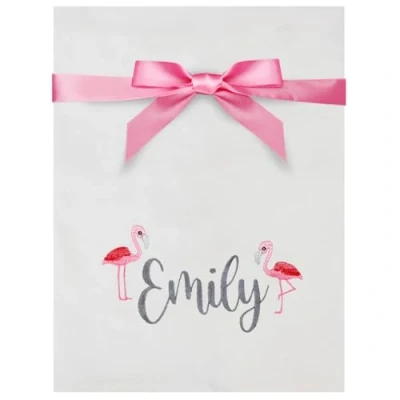Image of Personalised Flamingo Name Embroidered White Cotton Tea Towel
