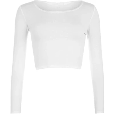 Image of Womens Crop Long Sleeve T Shirt Ladies Short Plain Round Neck Top White 8/10