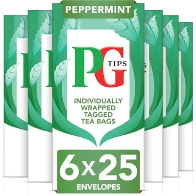 Image of PG Tips Peppermint Tea Bags Bulk Individually Wrapped String &amp; Tagged Refreshing Minty Taste 6 Packs 150 Plant Based Biodegradable Envelopes