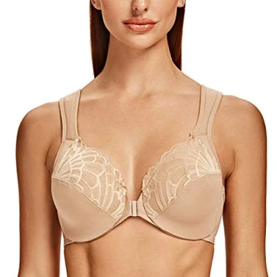 Image of MELENECA Front Fastening Bras for Women Plus Size Underwire Unlined Lace Cup Cushion Strap Almond 42C