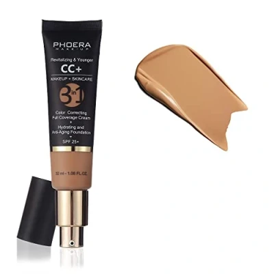 Image of PHOERA Anti Aging Color Correcting Full Coverage Cream Foundation SPF 25+ Revitalizing &amp; Younger infused Concealer with Vitamins For dark circles, acne scars, wrinkles redness. (160 Sand)