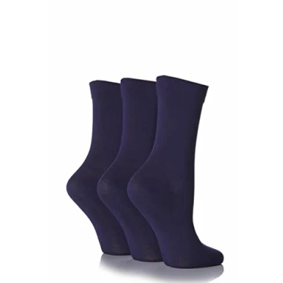 Image of 3 Pair Navy Gentle Bamboo Socks with Smooth Toe Seams in Plains and Stripes Ladies 4 8 SOCKSHOP