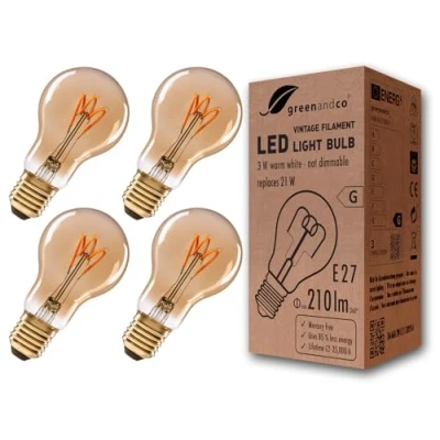 Image of Greenandco vintage incandescent LED light bulb, 2000K extra warm white, 360, 230V, flicker free, non dimmable, E27 A60, 4er Pack, 3.00 230.00 volts