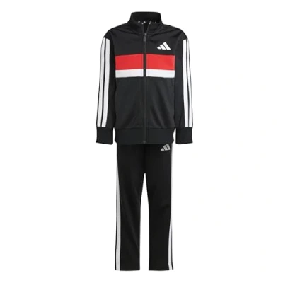 Image of adidas Unisex Kids SEASONAL ESSENTIALS TIBERIO 3 STRIPES TRICOT TRACKSUIT, black/white/pure ruby, 4 Years