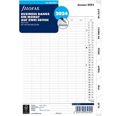 Image of FILOFAX 24 68544 Calendar Insert 2024 A5 1 Month / 2 Pages Tabbed
