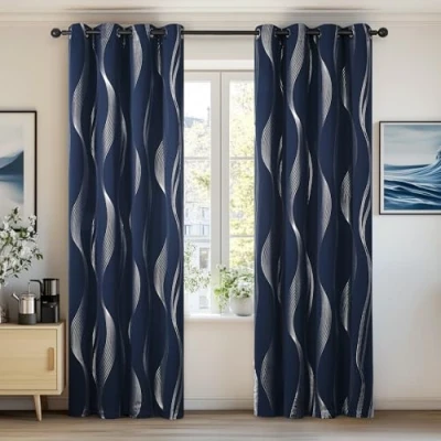 Image of Deconovo Navy Curtains 54 Inch Drop Bedroom Wave Line Foil Printed Blackout Thermal Insulated Energy Saving Eyelet for Living Room 52 x Blue 1 Pair