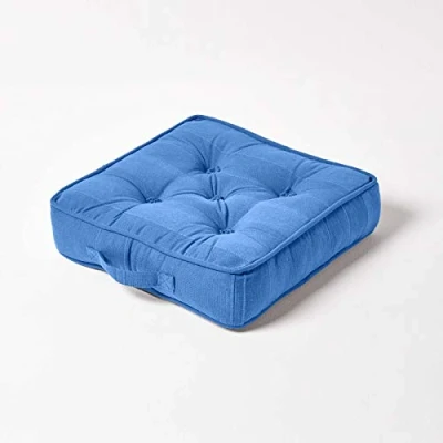 Image of HOMESCAPES Rajput 100% Cotton Floor Cushion Blue 40 x 8 cm Square Indoor Garden Dining Chair Booster Seat Pad