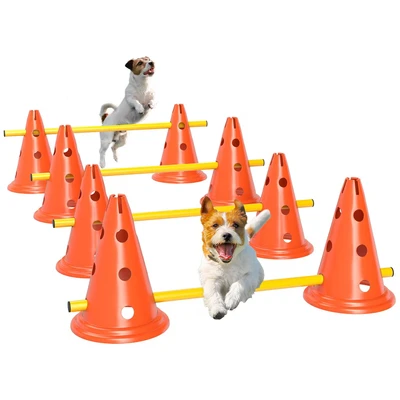Image of PawHut Dog Agility Equipment Set, Portable Pet Jump Training Kit for Eight Cones, Poles with Carry Bag, Four Piece Adjustable Height Jumping Obstacles, Orange