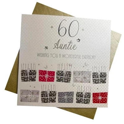 Image of white cotton cards Red Presents, Wishing you a Wonderful Birthday Auntie 60th Card (bdp60 a)