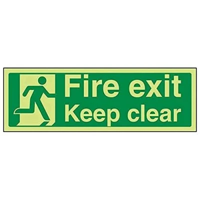 Image of V Safety Glow In The Dark Fire Exit Keep Clear Sign 450mm x 150mm Self Adhesive Vinyl