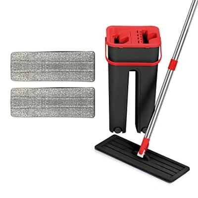 Image of ASAB 5L Floor Mop And Bucket Set Self Cleaning Microfibre Cloth Pads Space Saving Flat Cleaner Dual Compartment 2x Reusable For Hard Floors (Red)