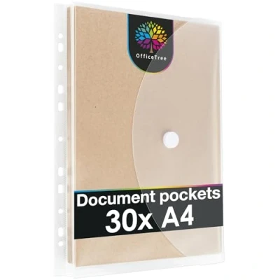 Image of OfficeTree 30 x Plastic Document Pockets A4 with 200 Hole Reinforcer Folder Clear Punched Fastener and Filing Edge