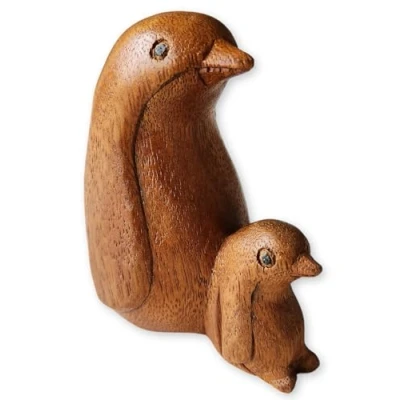 Image of Purity Style Mother and Baby Penguin Handcrafted Wooden Ornament Size 10 cm high x 8 long