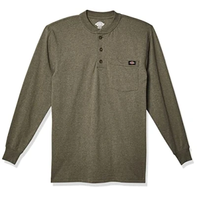 Image of Dickies Men&#039;s Long Sleeve Heavyweight Henley Shirt, Military Green Single Dye Heather, S