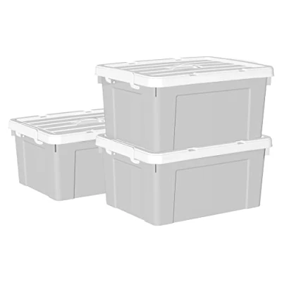 Image of Cetomo 35L*3 Storage Boxes, Carry Plastic Box with Lids, Organizing Container Handle and Secure Latching Buckles, Stackable, Nestable, Tote Bin for Home Office Clothes, 35L 3Pack, Gray
