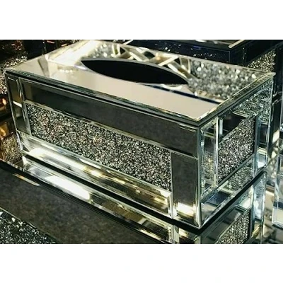 Image of Biznest Silver Crushed Crystal Diamond Strip Border Tissue Box Diamante Bling, Living Room