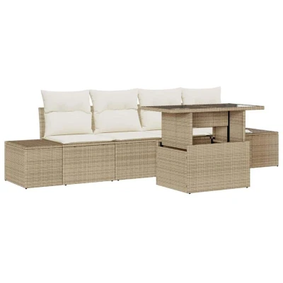 Image of vidaXL 5 Piece Garden Sofa Set with Cushions Beige Poly Rattan