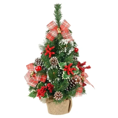Image of Artifical Small Christmas Tree Mixed Pine Pre Decorated Cones Red Berries Bows 60cm
