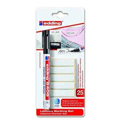 Image of edding 8408 laundry marking set black 1 pen round nib 0.75 mm, 25 x name tags for iron on labels clothing