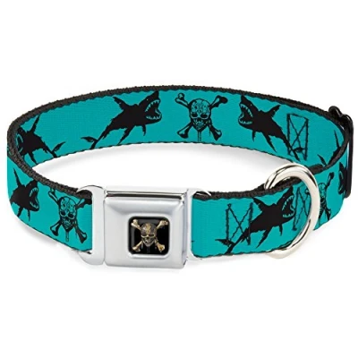 Image of Buckle Down DC WDY391 WL Seatbelt Dog Collar, Wide Large, Pirates Skull &amp; Crossbones/Sharks Turquoise/Black