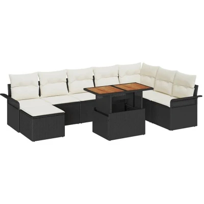 Image of vidaXL 9 Piece Garden Sofa Set with Cushions Black Poly Rattan