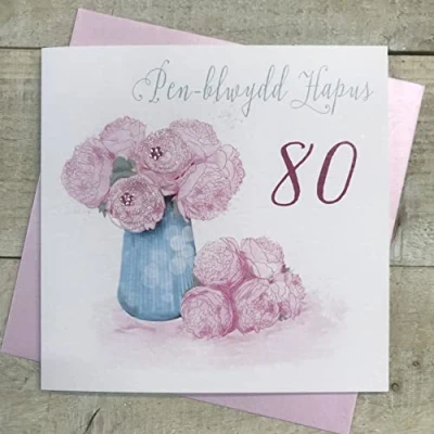Image of WHITE COTTON CARDS PENBLYDD HAPUS WELSH 80th BIRTHDAY CARD PINK PEONIES IN VASE. HANDMADE (W VN59 80)