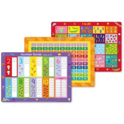 Image of Little Wigwam Numeracy 1 Placemat Pack Set of 3 Educational Placemats to 20, 100, Number Bonds Story 10