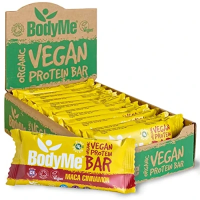 Image of BodyMe ORGANIC Vegan Protein Bar Raw Maca Cinnamon 12 x 60g Snack Bars Gluten Free 16g Complete 3 Plant Proteins All Essential Amino Acids High Snacks